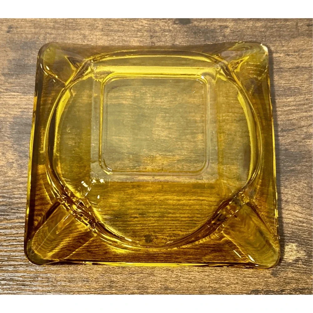 Vintage Mid 20th Century Clear Amber Glass Square Ashtray 6”